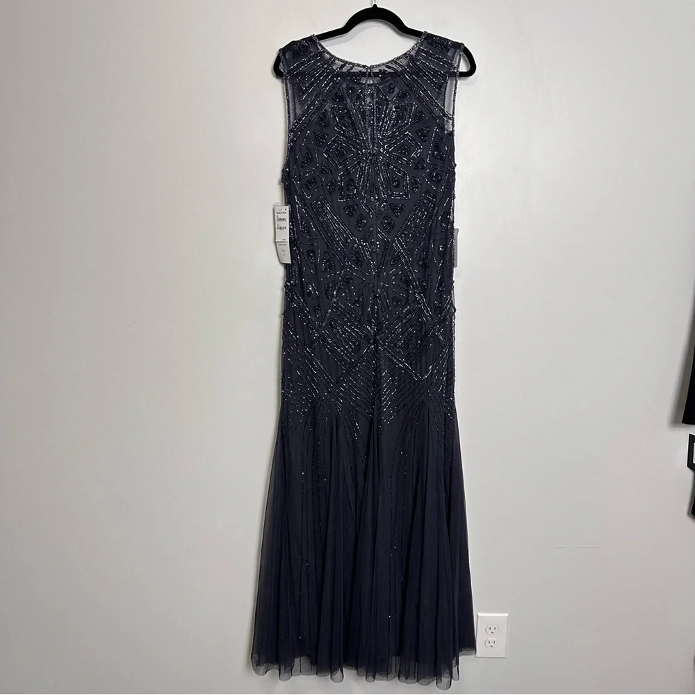 Pisarro Nights Slate Blue Geometric Beaded Sleeveless Gown D-2621 Size 14 - Picture 6 of 13